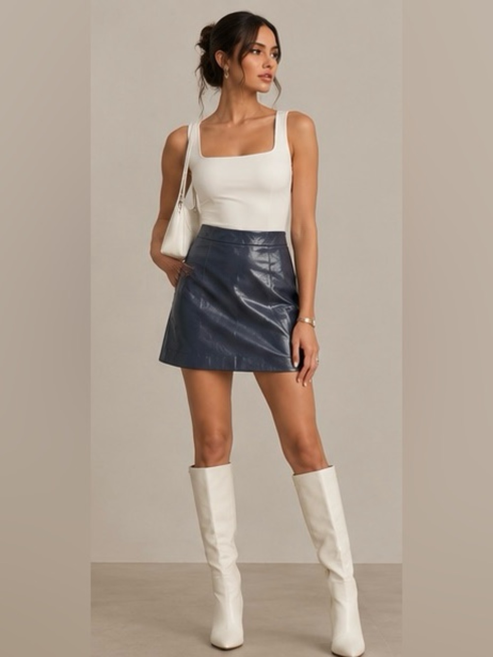 Sleek Navy Faux-Leather A-Line Skirt